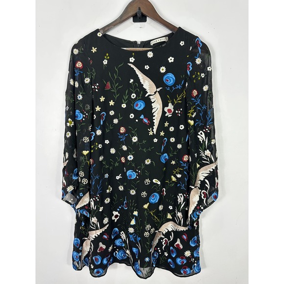 Alice + Olivia Dresses & Skirts - Alice + Olivia‎ Eleonora Silk Embroidered Floral Bird Flare Sleeve Shift Dress S